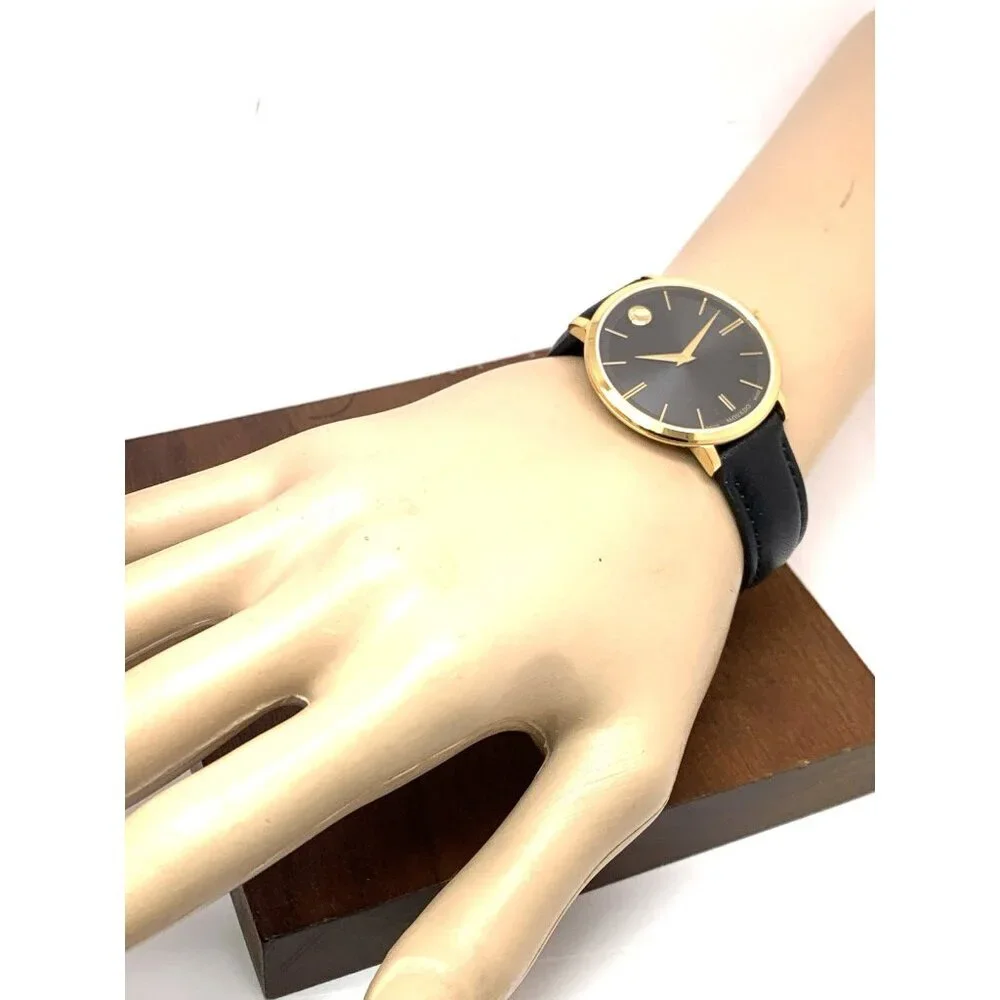 Movado Womens Watch 0607091 Ultra Slim Black Dial Swiss Quartz Gold Leather 35mm